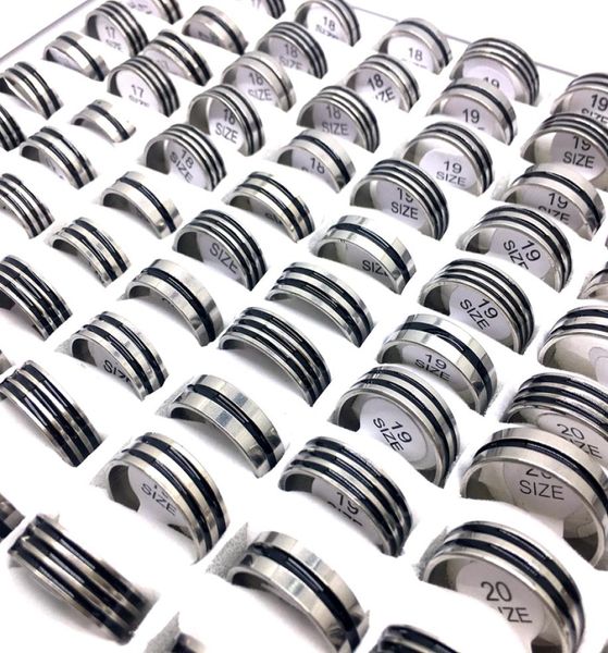 

whole 100pcslot men039s women039s band ring black stripe stainless steel rings fashion jewelry party favor gifts mix si4834357, Silver