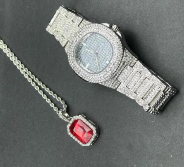 

luxury men gold watch hip hop watch red ruby necklace combo set ice out cuban chain pendant set bling rapper hip hop jewelry4322980