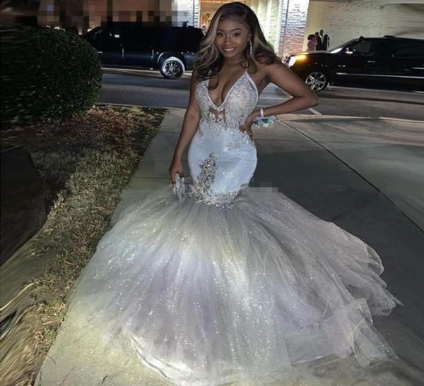 

sparkly silver vneck mermaid reflective prom dresses spaghetti straps african long formal evening gowns prom party dress8824593, Black