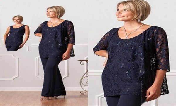 

vintage navy blue formal mother of bride groom pant blouse suits with jacket crew long sleevs new plus size evening dresses7392956, Black;red
