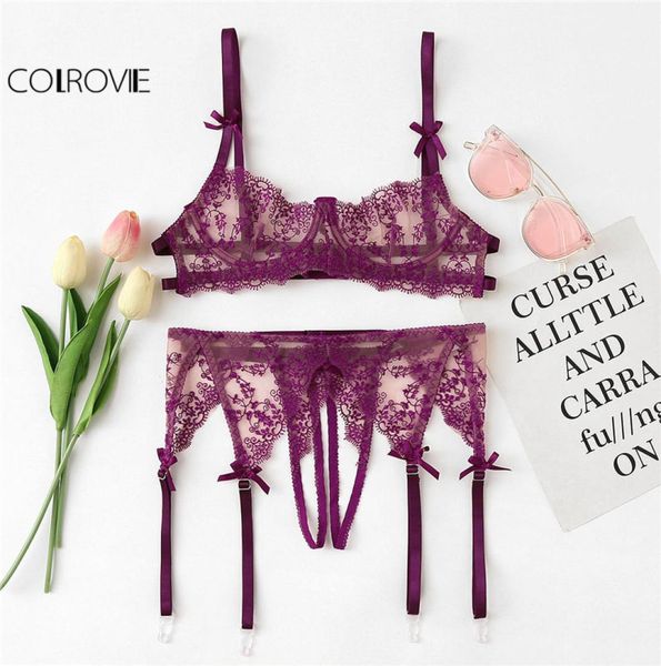 

colrovie lace bra open crotch thong garter set 2018 new fashion spring floral underwear purple lingerie sets9196140, Red;black