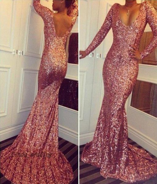 

v neck long sleeve mermaid sequined prom dress masquerade backless south african graduation evening party gown plus size custom ma9317383, Black