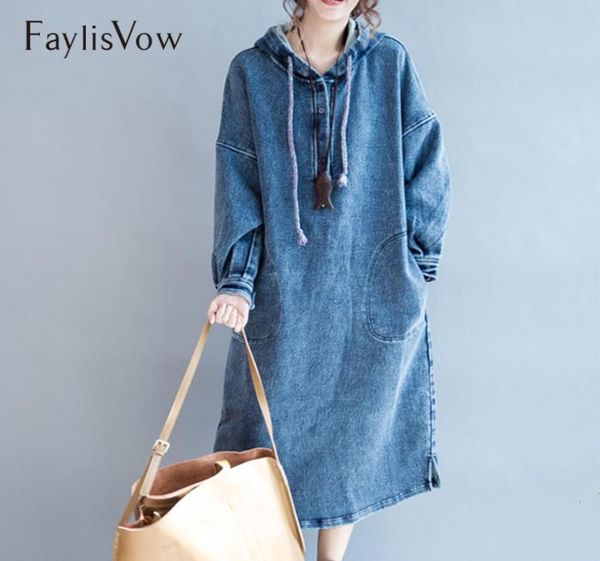 

oversize blue denim dress autumn winter women loose hoodie long sleeve maxi dresses with cap large size jeans pockets dress3985643, White;black