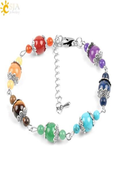 

csja natural 7 chakra women beaded bracelets 2 size gemstone beads rainbow flower charms lobster clasp extend chain meditation jew2943497, Black
