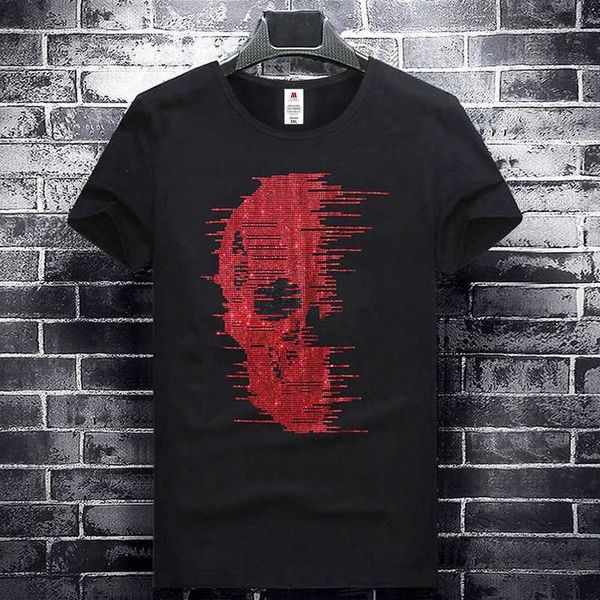 

2023 new short sleeve t-shirt men's heavy industry skull head diamond body repair t-shirt round neck half sleeve top, White;black