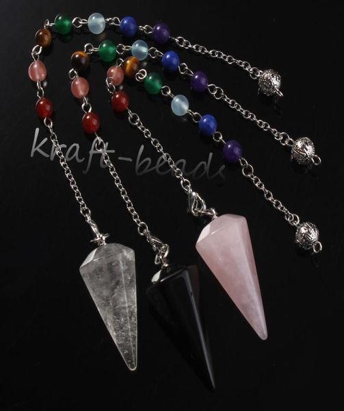 

10pcs silver plated 7 beads chain natural rock crystal rose quartz agate stone hexagon pyramid healing chakra pendulum pendant jew1187811