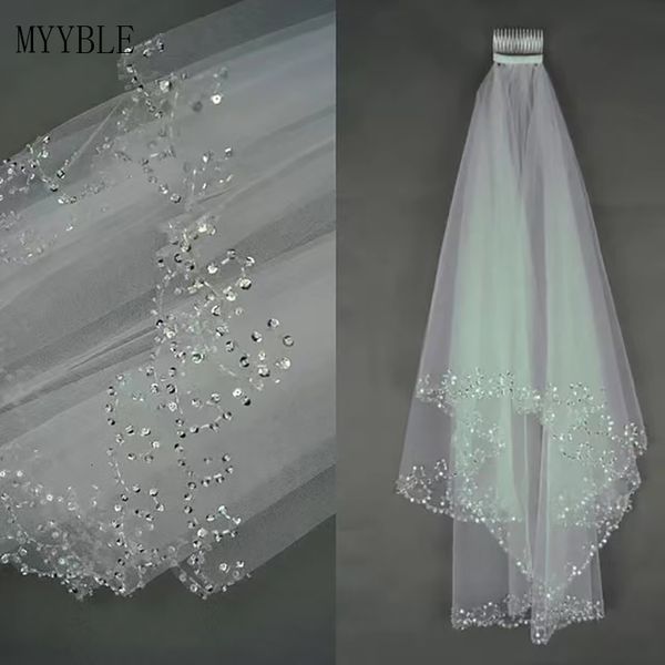 

wedding hair jewelry custom made white ivory woman bridal veils wedding veils 2 layers 75 cm handmade sequins beaded edge with comb accessor, Slivery;golden