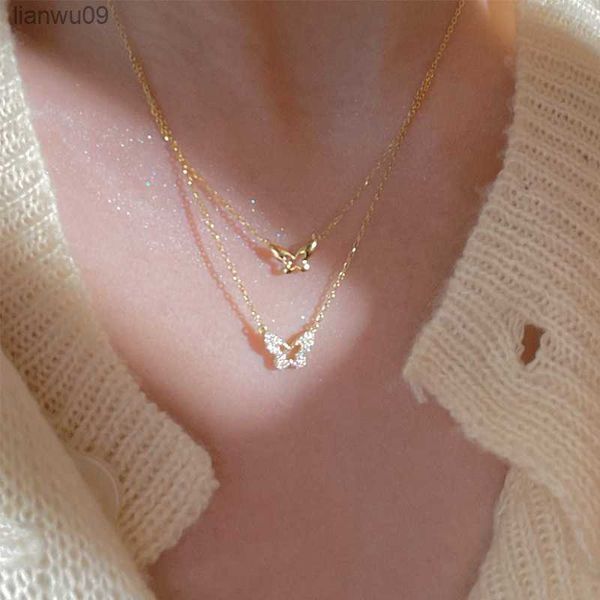 

2022 new golden inlaid zircon double layer butterfly necklace womens personality fashion necklace wedding jewelry birthday gift l230704, Silver