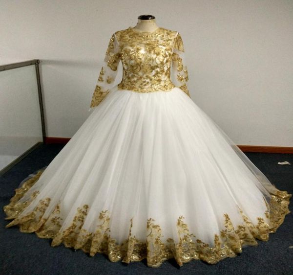 

2016 colorful bridal gowns with champagne gold sequins appliques and sheer long sleeves princess ball gown chapel train real weddi5062181, White