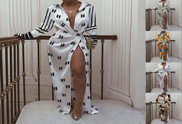 

casual dresses 2021 autumn streetwear turn down collar print long sleeve ed design high split white maxi shirt dress elegant 6558751, Black;gray