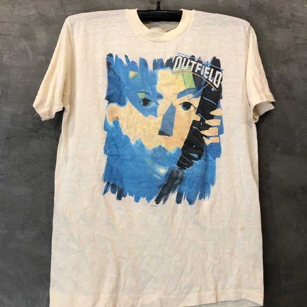 

the outfield play deep album cover west coast hiphop rock men and women's short sleeved t-shirt trend, White;black
