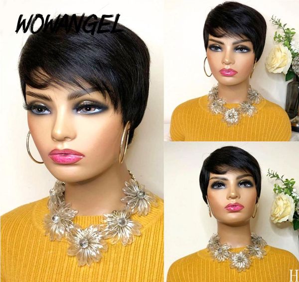 

short pixie cut wigs for black women straight brazilian human hair no lace front wig with bangs full machine made8014762, Black;brown