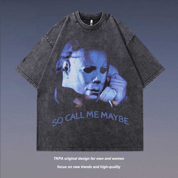 

tkpa high street dark funeral print wash short sleeve t-shirt for men and women street small neckline half sleeve tee, White;black