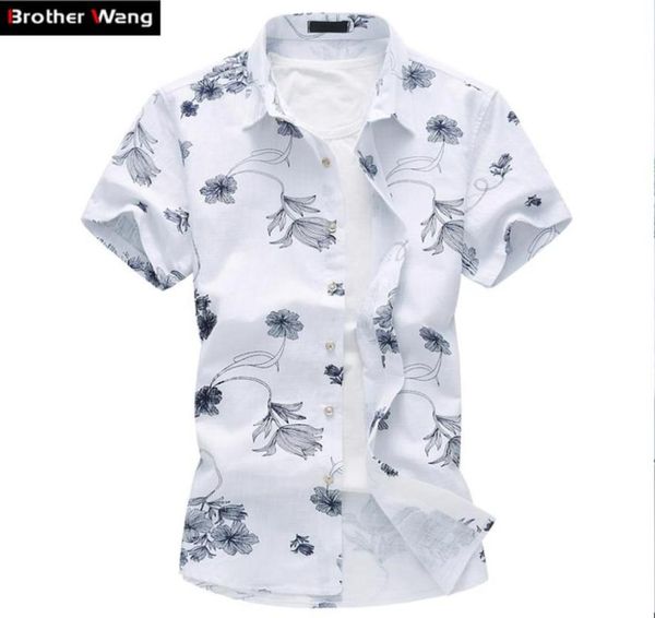 

summer new men039s linen shirt 2020 fashion casual male short sleeve flower shirt large size brand men039s clothing 5xl 6xl 1291344, White;black
