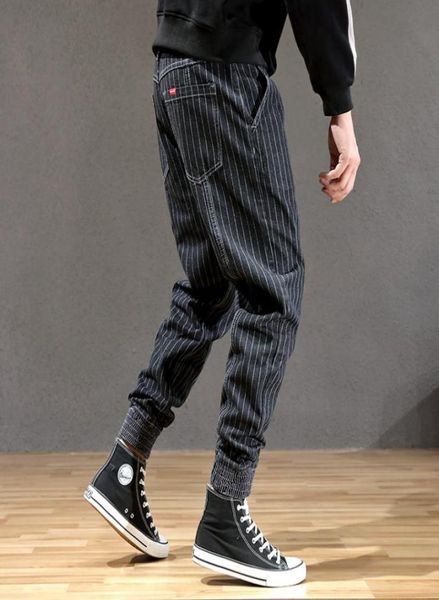 

japanese style fashion men jeans stripe designer loose fit cargo pants hombre slack bottom streetwear hip hop joggers jeans men8862946, Blue