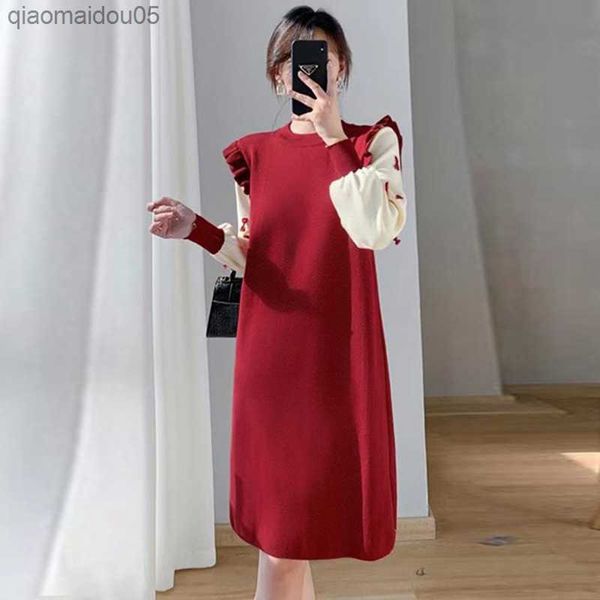 

maternity knitting dress 2023 new spring autumn clothes for pregnant women cute bow fungus edge patchwork pregnancy dresses l230712, White
