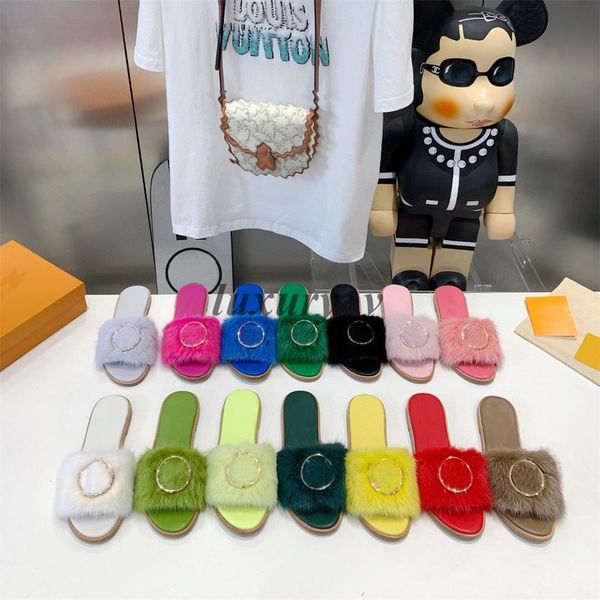 

designer leather slippers women plush slides black white furry scuffs mental buckle fur decoration flats summer platform sandals