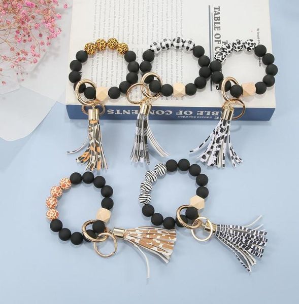 

wooden beads bangle wristlet leopard print plaid bracelet jewelry tassel key ring party favor keychain bags hanging pendant fashio9781560, Red;brown