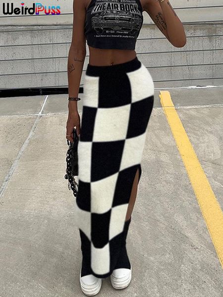 

skirts weird puss y2k checkerboard women skirts knit side split skinny vintage fashion wild streetwear high waist maxi straight skirt 230713, Black