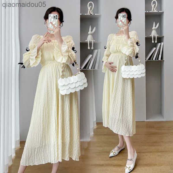 

solid bow maternity dresses 2022 new spring summer clothes for pregnant women square collar elastic folds mid-calf vestidos l230712, White