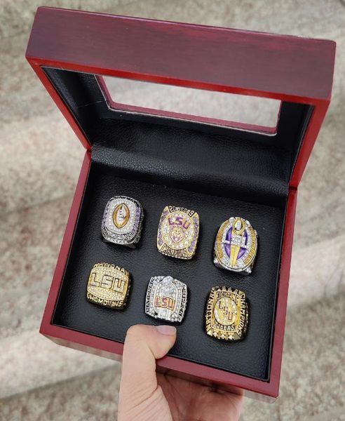 

lsu 6pcs 1996 2003 2007 2018tigers nationals champions championship ring with wooden box souvenir men fan gift 2019 2020 wholesal5479283, Golden;silver