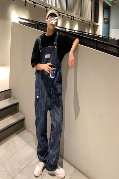 

men039s jeans korean fashion 2021 men stripe denim overalls casual pants loose bib boy hip hop jumpsuit8171226, Blue