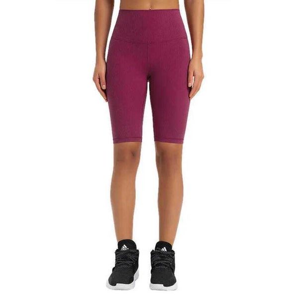 

lu-363 stripped rib align shorts skin-friendly nude plastic waist yoga pants high waist slim cycling tennis golf outdoor sports capris, White;red