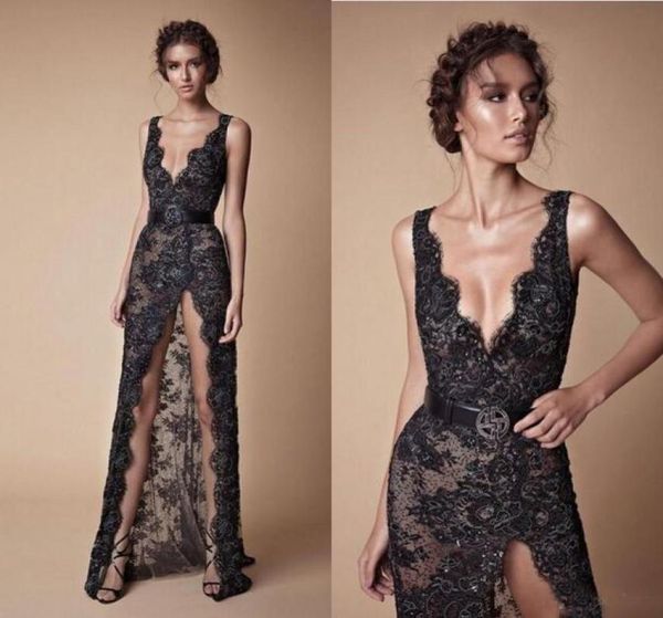 

modern black lace beaded split prom party dresses 2018 fashion vneck full length berta evening occasion gowns5122061, Black;red