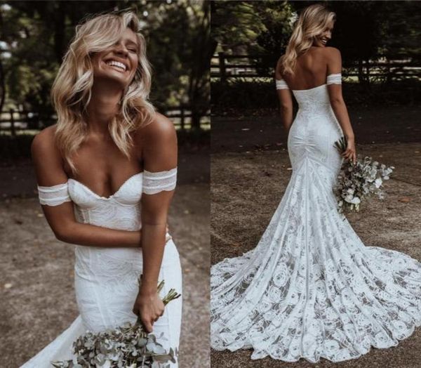 

bohemian mermaid wedding dress 2021 off the shoulder bride dresses cotton crochet lace country boho beach bridal gowns6946681, White