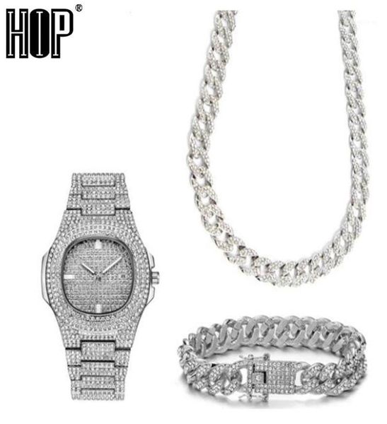 

chains full necklace watchbracelet hip hop miami curb cuban chain gold iced out paved rhinestones cz bling for men jewelry15727110, Silver