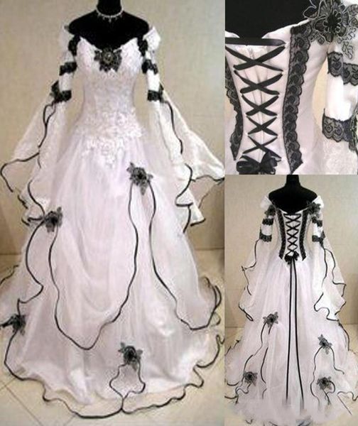 

vintage plus size gothic a line wedding dresses with long sleeves black lace corset back chapel train bridal gowns for garden coun8265362, White