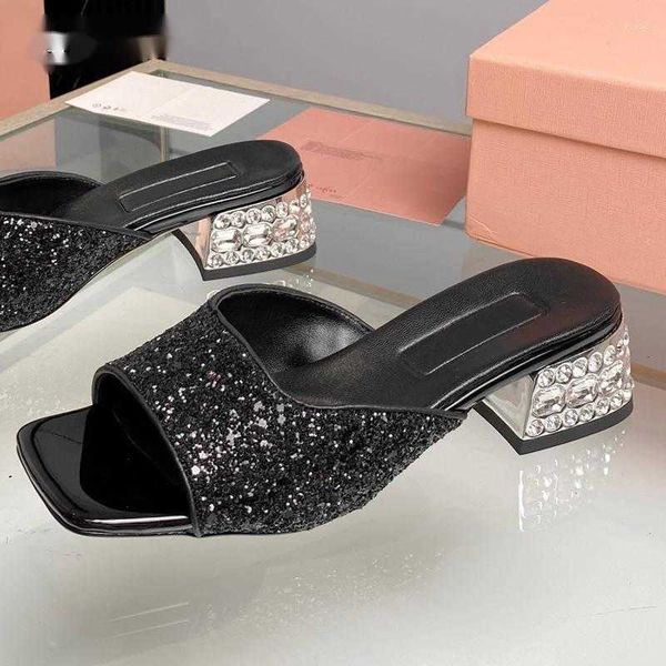 

slippers genuine leather sequins rhinestone heel square toe outdoor bling crystal luxury elegant sandals, Black