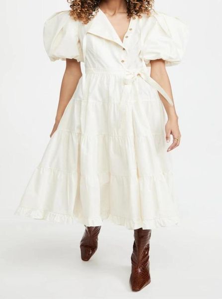 

french court style cake skirt round neck bubble sleeve high waist medium length dress1101051, Black;pink