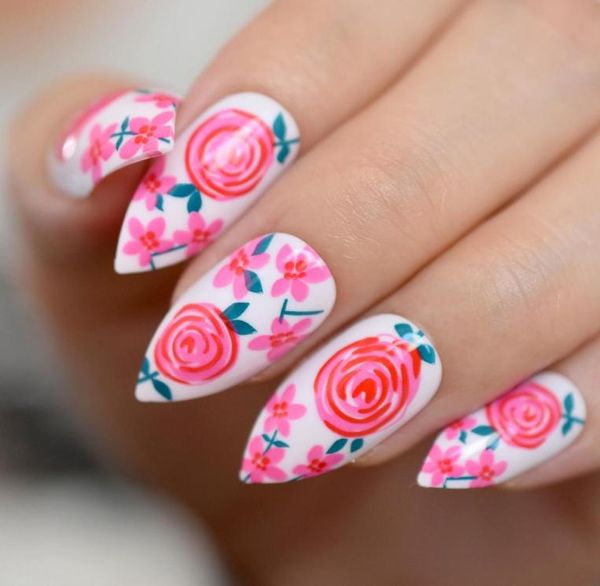 

red rose stiletto false nails flowers garden pattern press on almond fake nail tips daily office fingernail glue on wear9418077, Red;gold