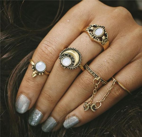 

new boho knuckle rings for women girls vintage silver gold 5pcsset midi finger rings sets opal ring jewelry party gifts hz8190127