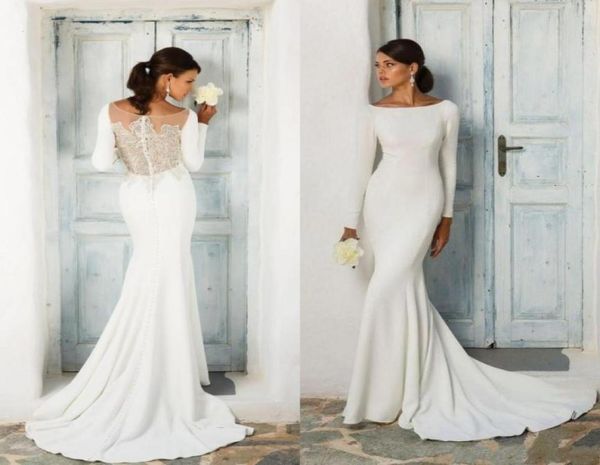 

2020 simple long sleeve mermaid wedding dresses lace appliqued sheer back covered button bridal gowns beach vestido de novia7133241, White