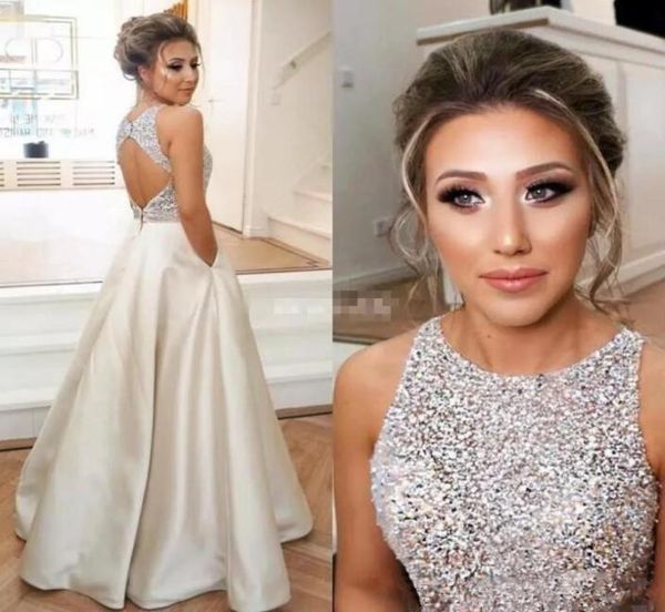 

custom beaded sequins prom dresses 2019 jewel neck sleeveless backless evening gowns with pockets long satin formal dress8945430, Black