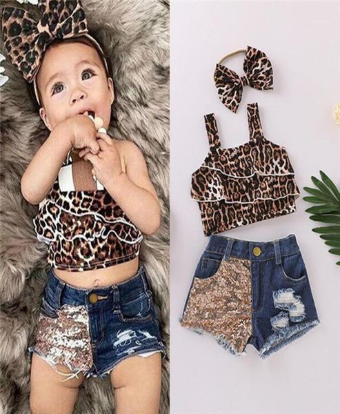 

2020 baby girl clothes newborn kids baby girls clothes leopard print t shirt denim sequin shorts headband outfits set18434716, White