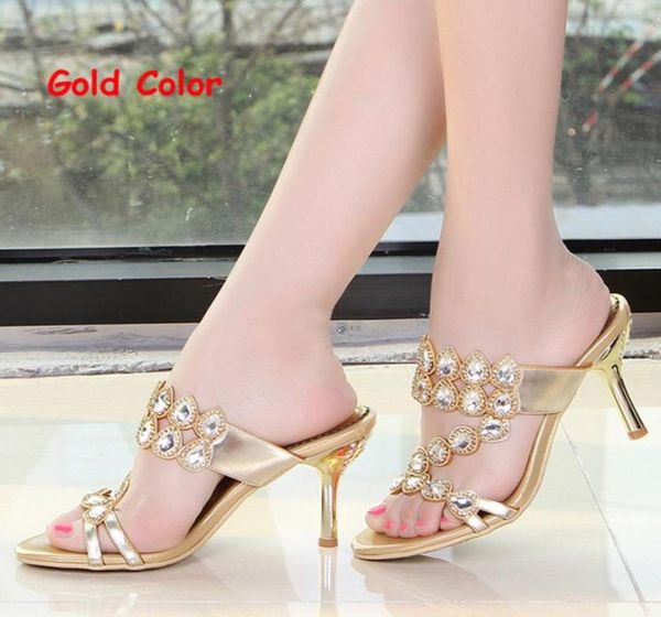 

summer rhinestone slippers gold pink wedding party shoes fashion women high heel sandals sparkling prom shoes plus size 41432839336, Black