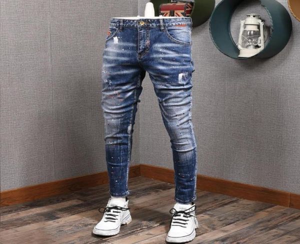 

men039s jeans denim men autumn slim fit fashion brand blue perforated splash pants skinny erkek jean pantolon9353708
