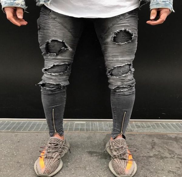 

new spring fold mens jeans fashion zipper hole high street style slim feet trousers mens motorcycle pants8359173, Blue