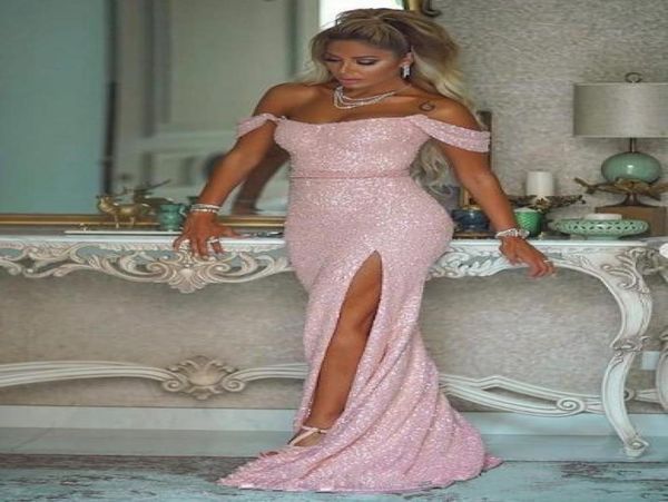 

high side split mermaid sequined sparkly prom dresses 2019 off shoulder buttons back evening party gowns8098000, Black