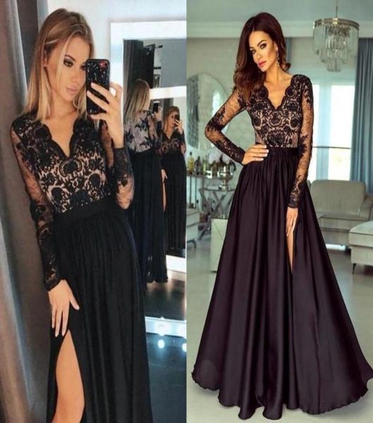 

vintage black long sleeve evening dresses 2022 sheer appliques v neck split evening prom gowns women occasion wears bc107008075733, Black;red