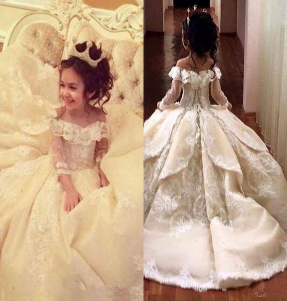 

2020 off the shoulder long sleeves lace a line flower girl039s dresses lace applique layered ruffles floor length girl039s p2021032, White;blue