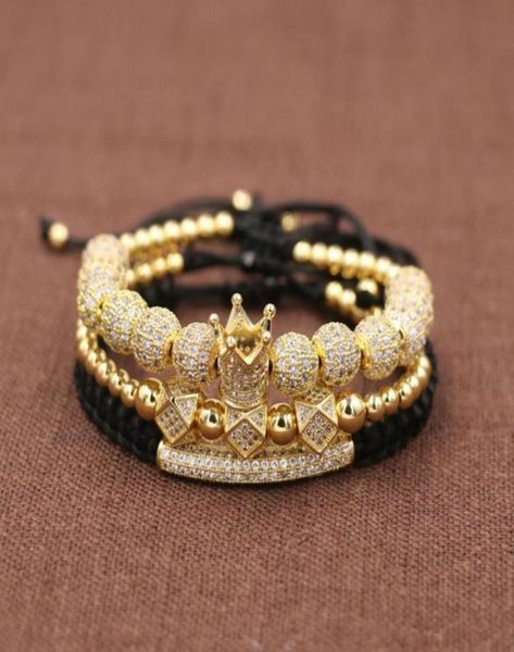 

3pcsset hip hop gold crown bracelets 8mm cubic micro pave cz ball charm braided braiding man luxury jewelry pulseira bileklik bea1815288, Black
