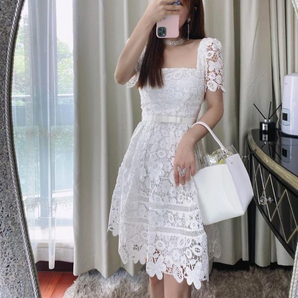 

new s-elf portrait stitched flower lace short sleeve square neck white short dress cocktail dress, Black;gray
