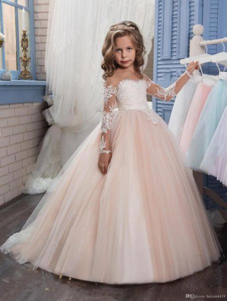 

arabic blush pink 2017 flower girls dresses for weddings long sleeves lace appliques ball gown birthday girl communion pageant gow8722903, White;blue