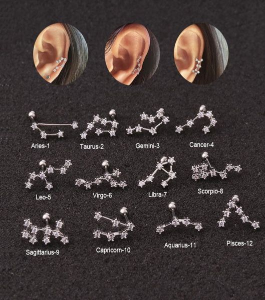 

12 constellation 1pc stainless steel twelve constellation piercing jewelry cz cartilage helix lobe screw back stud earring9276158, Golden;silver