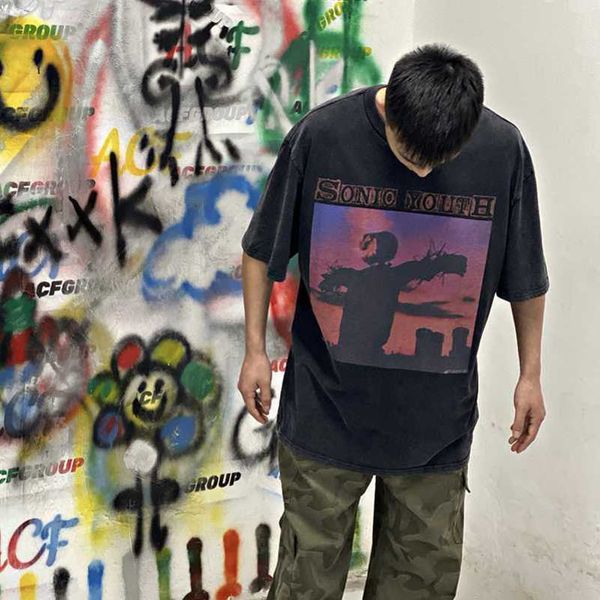 

casual t-shirt vintage fashion halloween scarecrow vtg high street fog heavyweight washed old casual cotton short sleeve t-shirt, White;black