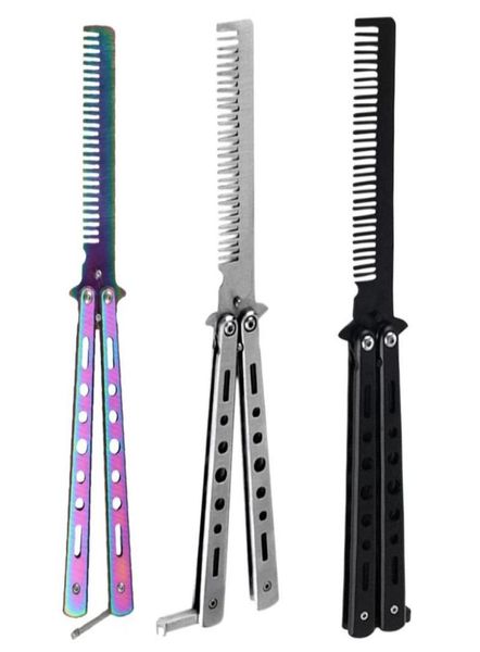 

hair brushes foldable comb stainless steel practice training butterfly knife beard moustache brushe salon hairdressing styling too6424232, Silver